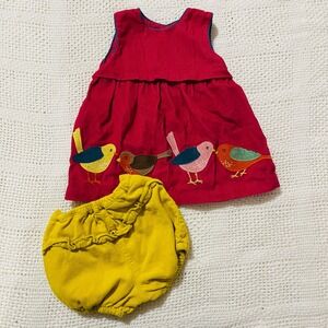 Baby Boden Little Bird Corduroy Dress and Bloomer Set Red Yellow Embroidered